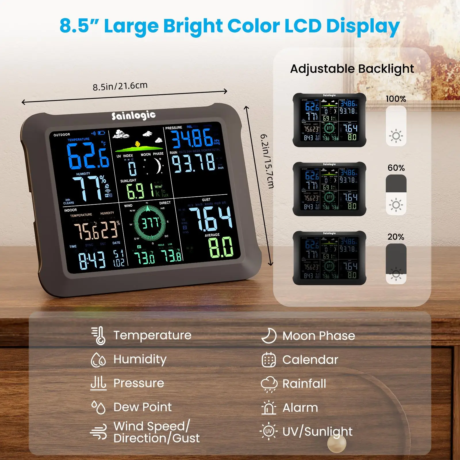 Sainlogic WiFi Weather Station,Professional Wireless Indoor Outdoor with App Monitor,2-Year Data Export,UV/Light Sensor & Alarms