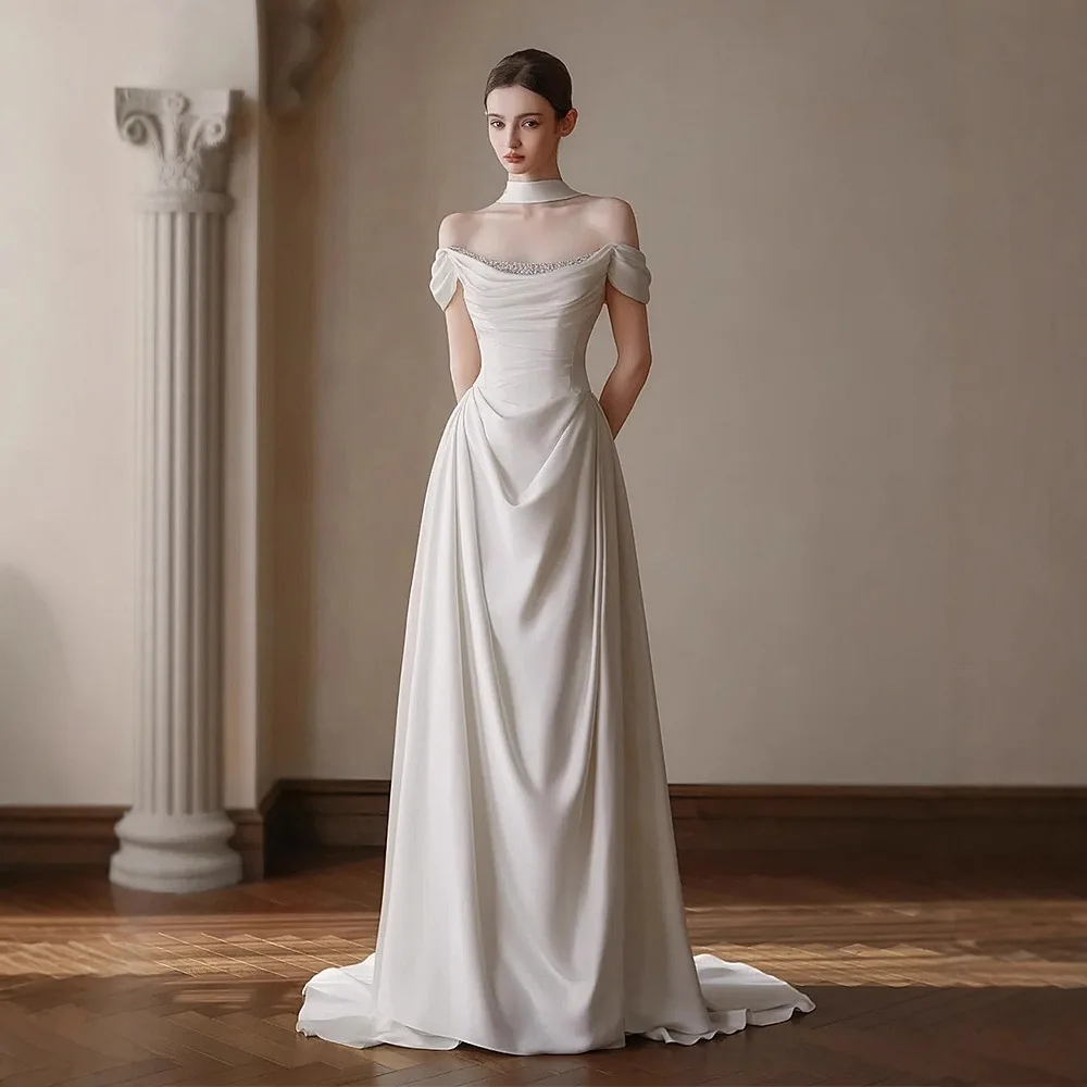 

French off-Shoulder Light Wedding Dress 2026 New Style White Luxury High-Grade Niche Trailing Satin Welcome Dress