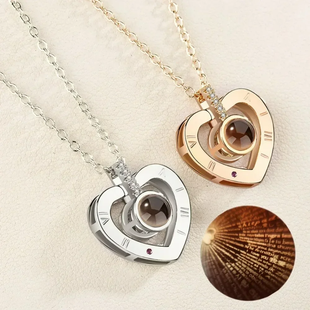 FSUNION New Romantic Love Memory Wedding 100 Languages I Love You Projection Pendant Necklace for Women Fashion Jewelry Gifts