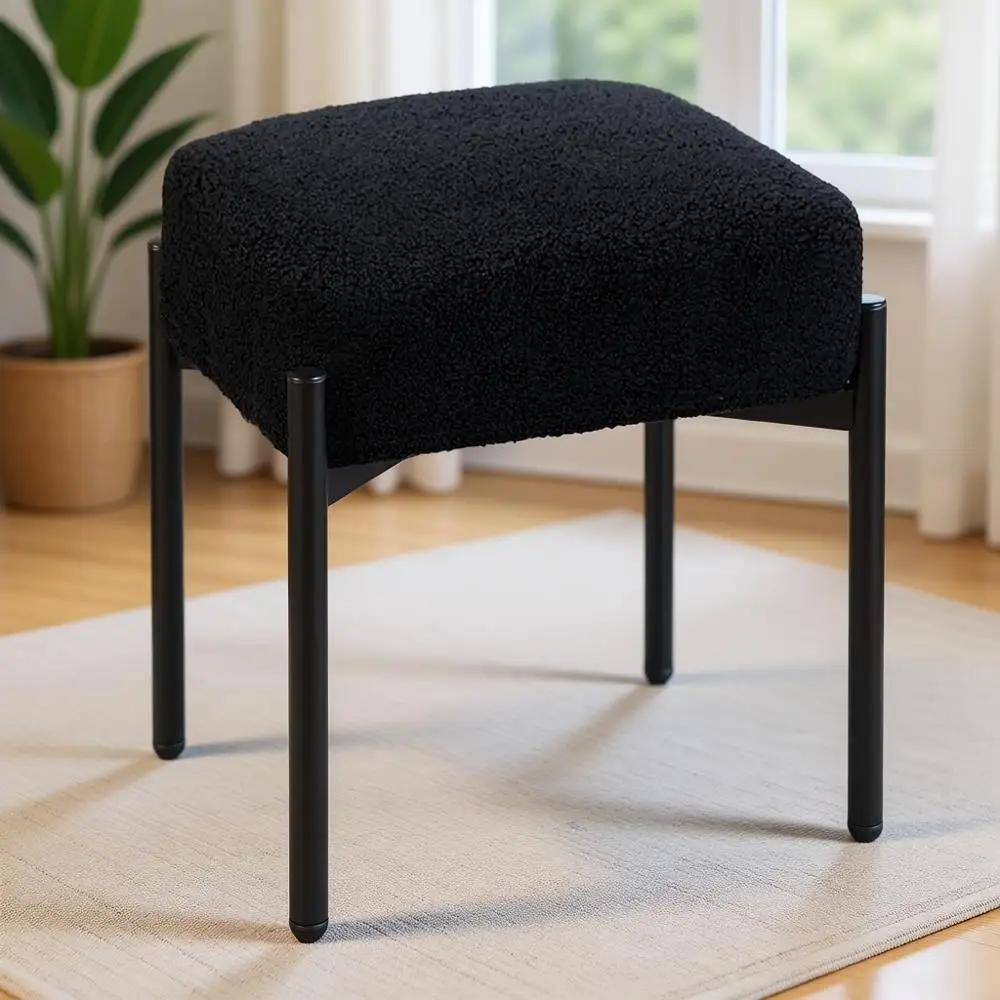 

Мягкий табурет для туалетного столика с металлическими ножками, 16.3 дюйма (длина) x 12.8 дюйма (ширина) x 17.3 дюйма (высота), идеально подходит для макияжа и гостиных, черный