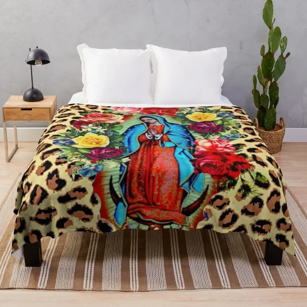 

Our Lady Guadalupe on Leopard Print Throw Blanket Modern Design Soft Blanket for Home Decor