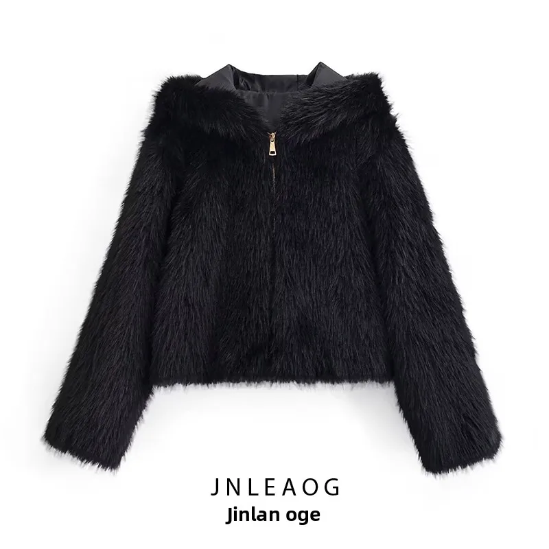 

Faionable All-Match Hooded Fur Jaet Women's Autumn New Sle JNLEAOG Polyester Fabric Long Sve Zipper Closure Coat