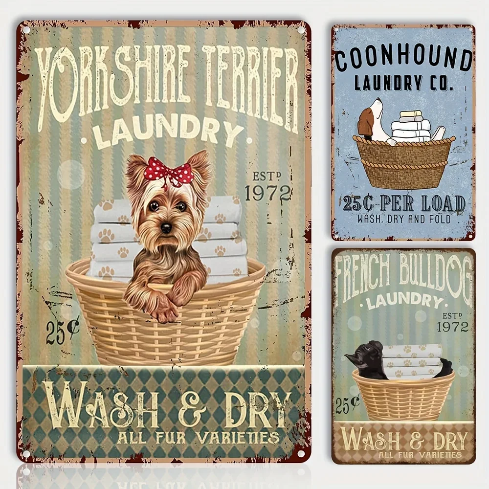 Yorkshire Terrier, French Bulldog, Metal Sign Coonhound Laundry Co Wash Dry And Fold Signs Vintage Tin Sign For home Decor