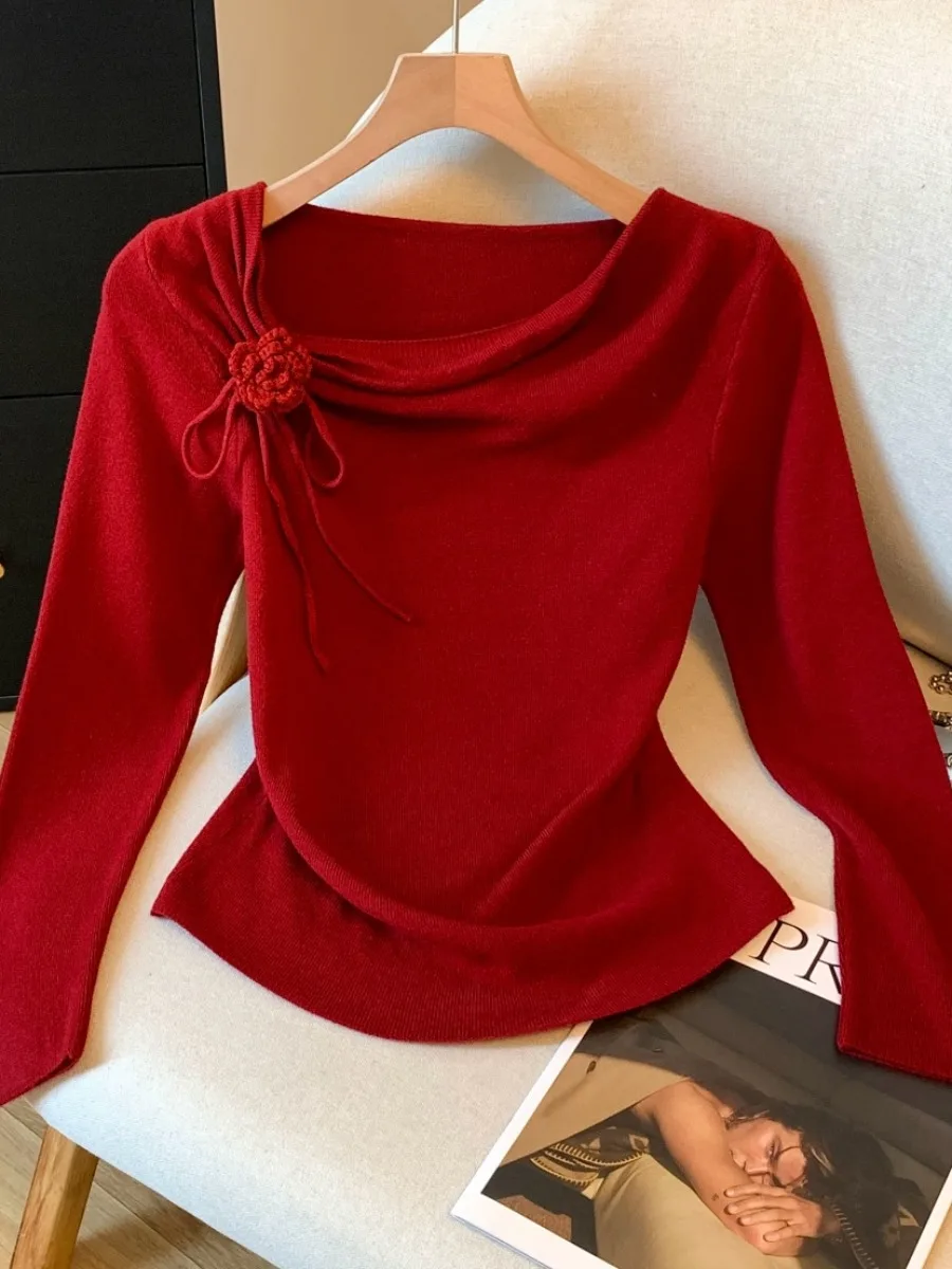 سترة محبوكة من Pure Desire محفظة ذاتيًا مع ياقة مائلة غير متماثلة طويلة Sve ort Sle للسيدات للخريف بخصر جديد... #3