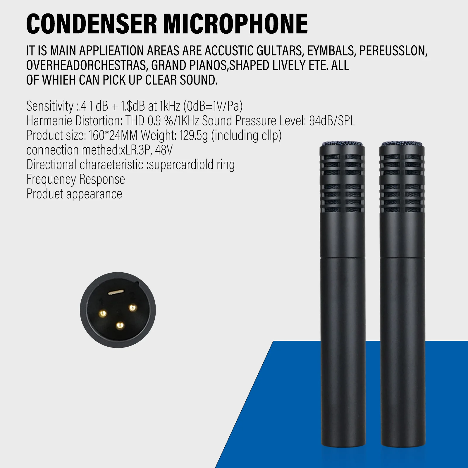 Metal Condenser Drum Mic, Super-Cardioid Microphone with Wide Frequency Response Range, Pencil Type for Hi-Hat, Percussions,