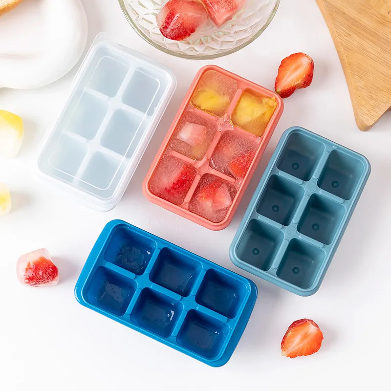 Silicone Ice Cube Trays with No-Spill Lids, Easy-Release, for Freezer, Whiskey, Cocktails, Baby Food, and Drinks - 6 Cubes