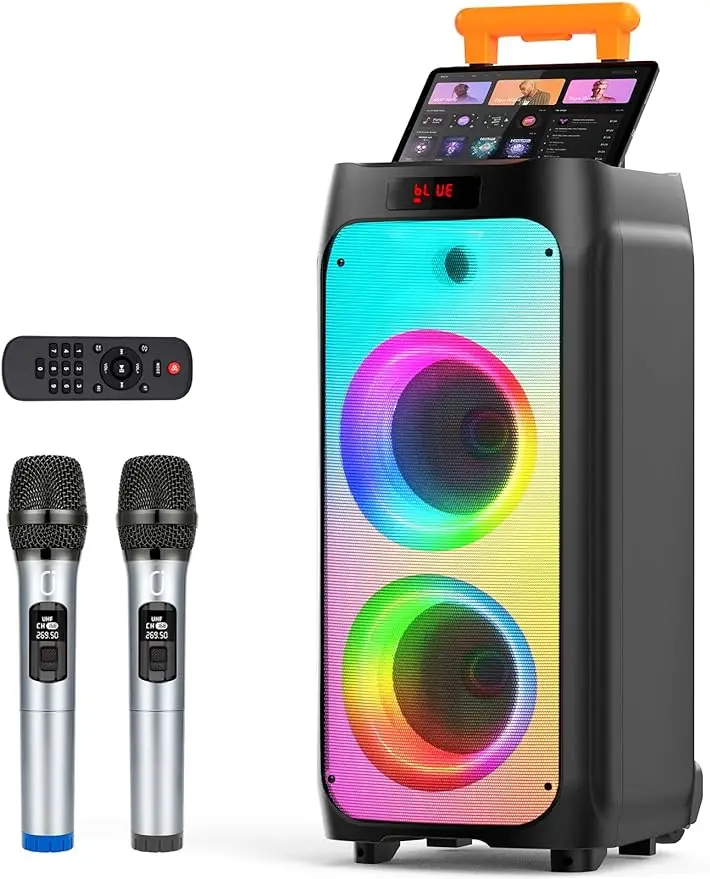 

HWWR Karaoke Machine with 2 Wireless Microphones, Portable Bluetooth Karaoke Speaker for Outdoor, Big Party PA System with Disco