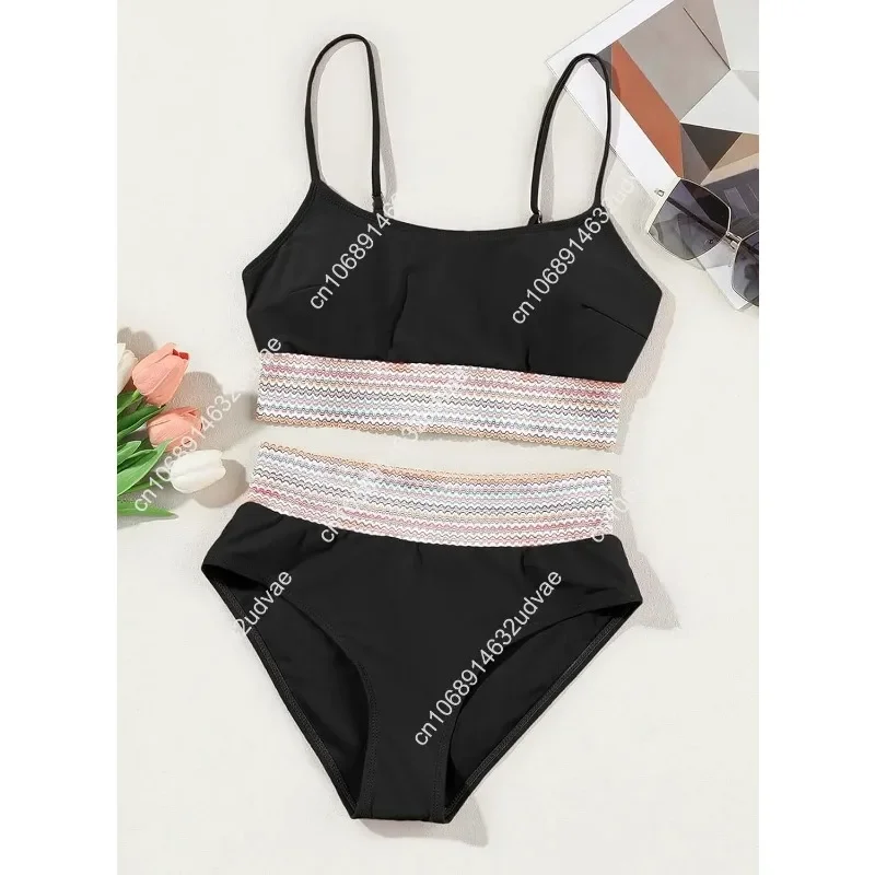 Women's Bikini Sets Colorblock Trim 2 Piece High Waisted Swimsuit Scoop Neck Adjustable Spaghetti Straps Bathing Suit view 5