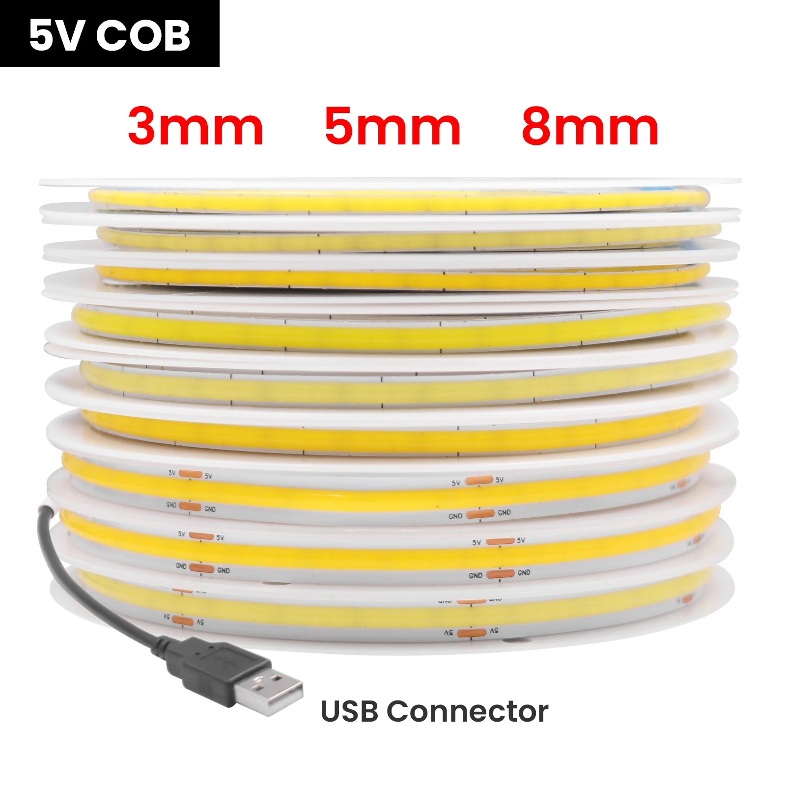 DC 5V USB COB Strip 3MM 5MM 8MM White/Pink/Red/White/Yellow/Yellow/Ice Blue/Green Flexible Ribbon Rope Home Decor TV Backlight