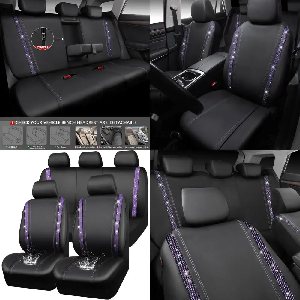 

Блестящие водонепроницаемые чехлы для автомобильных сидений из искусственной кожи со стразами, универсальный размер, с фиолетовыми кристаллическими вставками