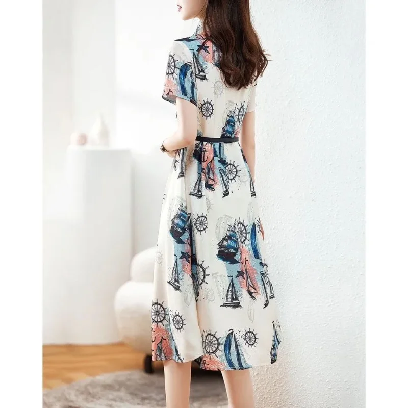 Womem Summer New Polo Neck Pullover Dress Fashion Elegant Long Dress Printed Button Spliced Versatile Short Sleeve A-line Dress