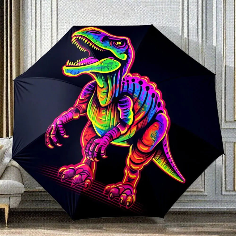 

Automatic Folding Umbrella A colorful neon dinosaur on a black background. Portable collapsible design, casual outdoor accesso