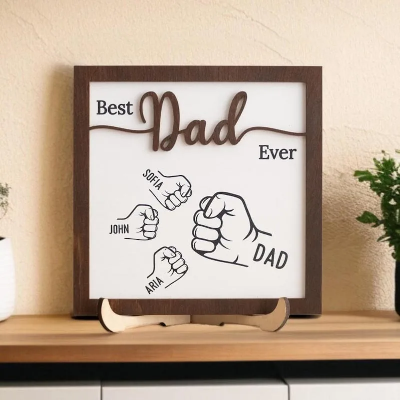 

Personalized Father's Day Wooden Sign Gift Fist Bump Dad and Kids Framed Plaque Custom Family names Sign Husband Gift For Him