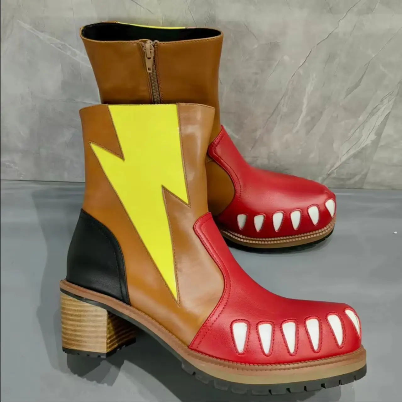 

Blue Crocodile Pattern Leather Short Boots For Men Green Lightning Print Mid Botas Male Chunky Low Heels Fashion Designer Style