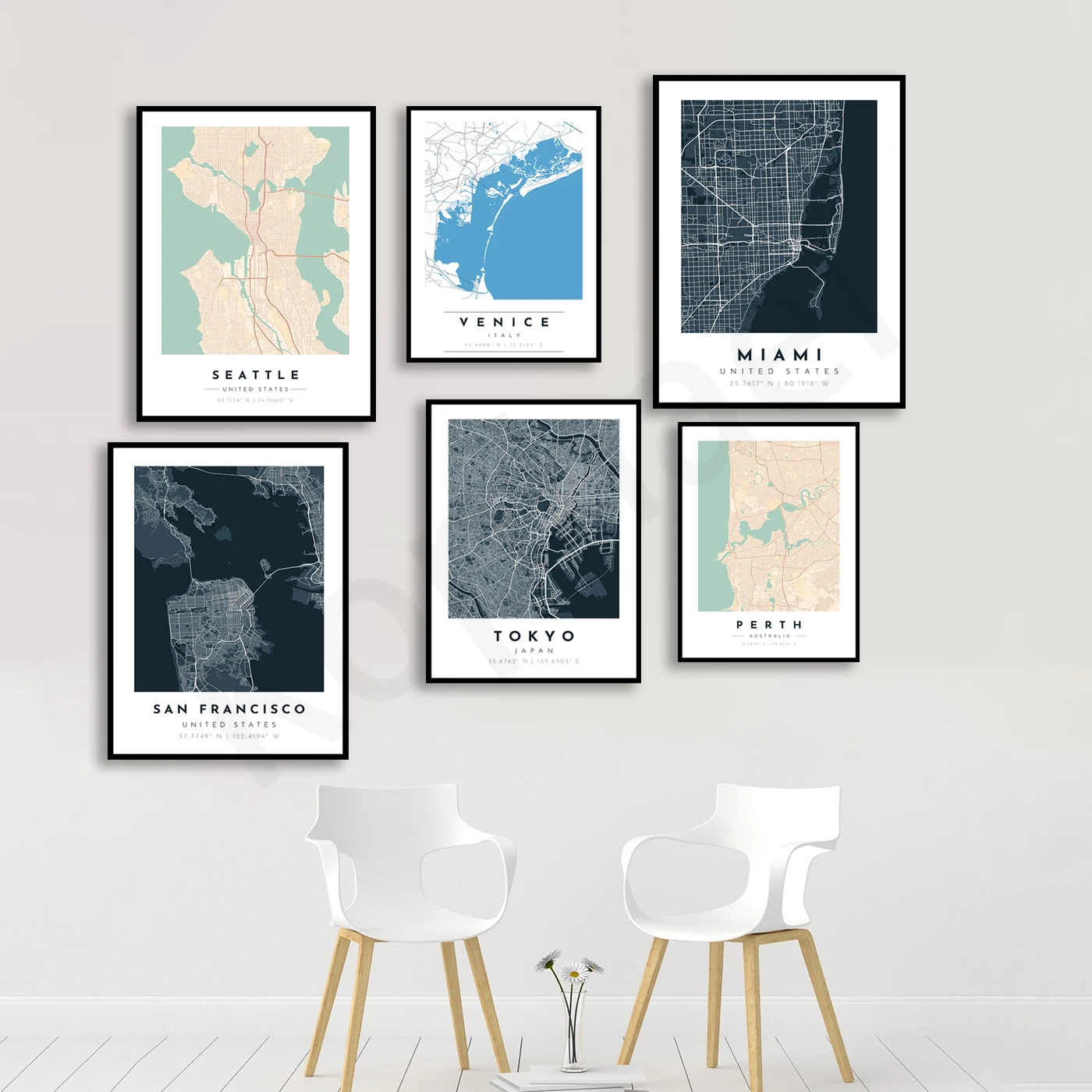Перт, Лондон, Токио, Копенгаген, Бангкок, Каир, Сан-Франциско, Буэнос-Айрес, Венеция, Майами, Сиэтл. Карта города. Домашний Настенный декор художественный плакат