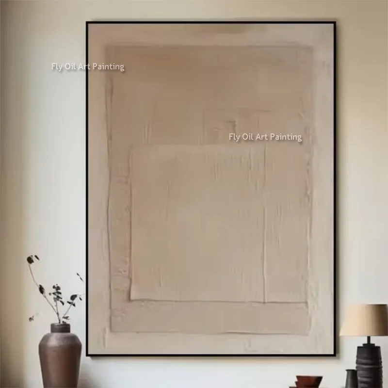 

Simple Design Beige Canvas Thick Wall Art Decor Handmade Fashion Artwork Black And Grey Abstract Oil Painting For Home Hall