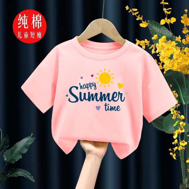 Cross-Border Amazon Foreign Trade Sun Pattern Letter Printing Boys and Girls Cotton round Neck Children and Teens Short SleeveTT