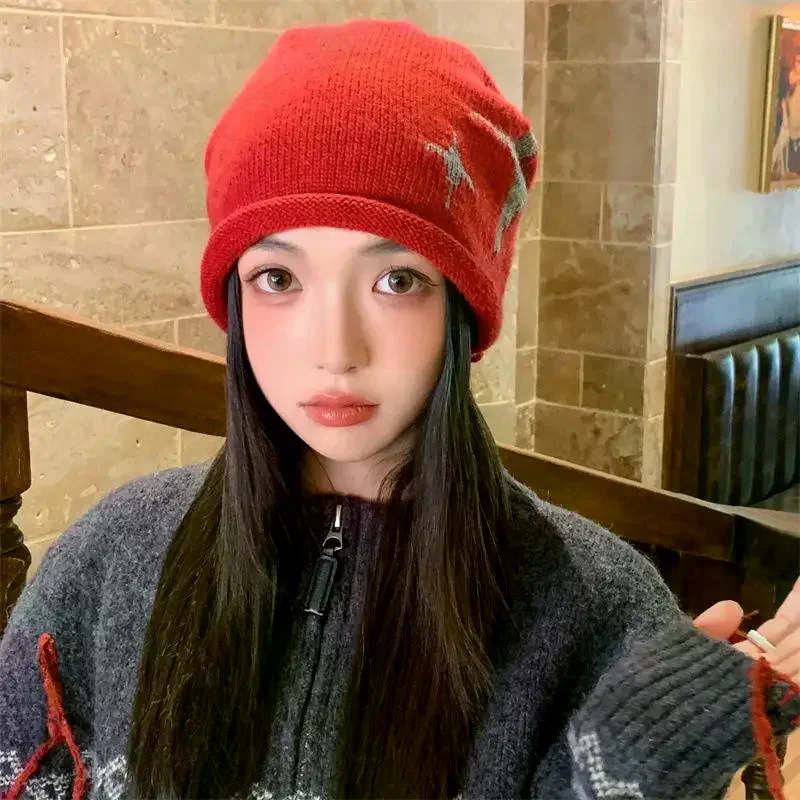 

Женские шапочки с закручивающимися шнурками и звездами, осенне-зимние теплые шапки с защитой ушей, универсальные вязаные пуловеры в стиле ретро