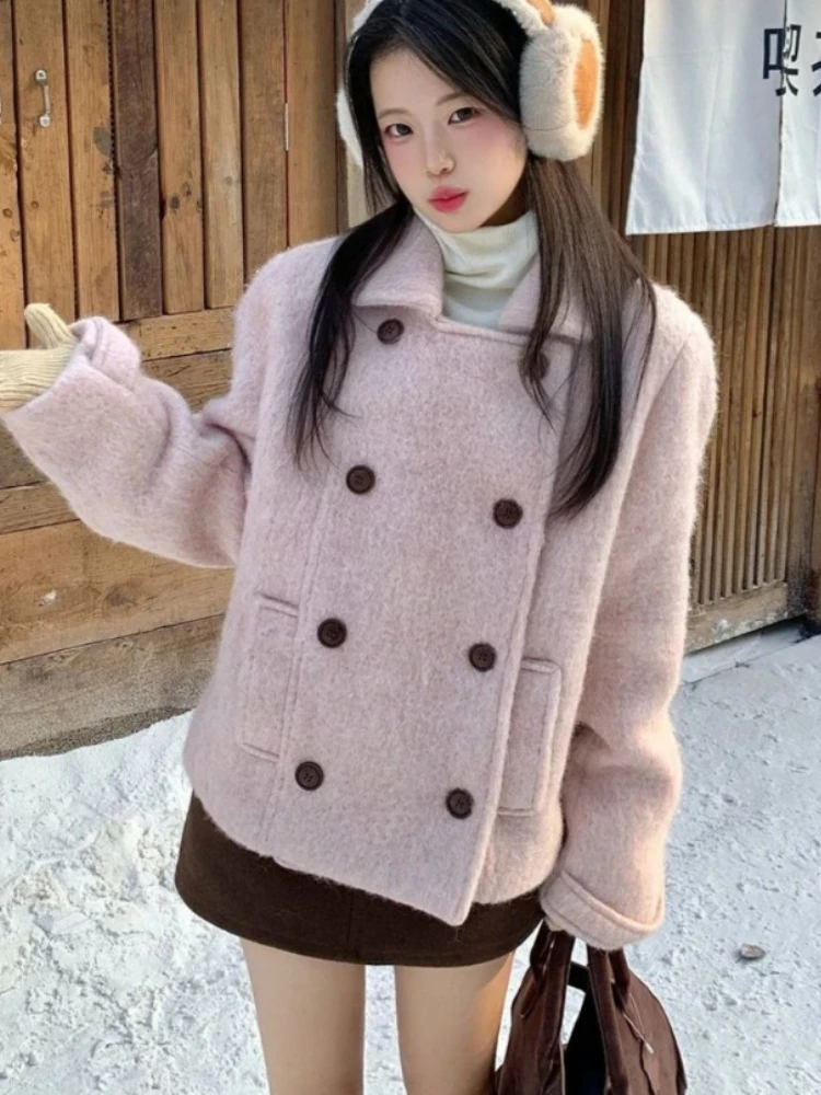 

2025 Winter Kawaii Sweet Retro Elegant Wool Overcoat Women Button Design Harajuku Warm Blends Female Chic Korean Popular Clothes