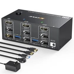 Triple Monitors KVM Switch 2 Displayport + HD-MI USB 3.0 KVM Switch 8K@60Hz,4K@144Hz,Apply to 3 Monitors 2 Computers KVM Switch