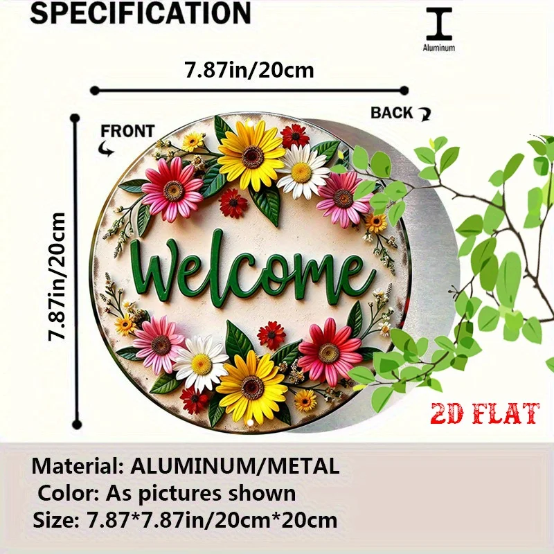 2D Flat, 1pc Vintage Floral Welcome Sign - 19.81cm Round Metal Wall Decor with Green WELCOME Lettering & Multicolor Flowers, D