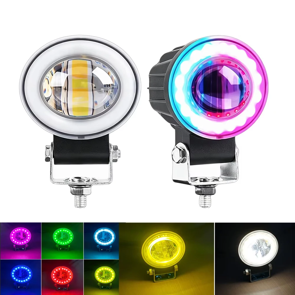 RGB Angel Eye Motorcycle LED Spotlight with Horn Integrated Hi-low Light Flashing Headlights Electric Vehicle External Lights
