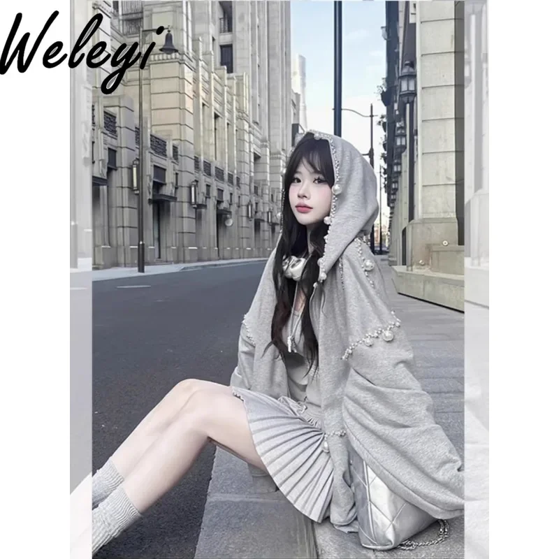 

Super Good Looking Gothic Clothes Tops Gray Pearl Zip Up Hoodies Jacket Women's 2024 Autumn Fashion Loose Casual Cardigan Blusas