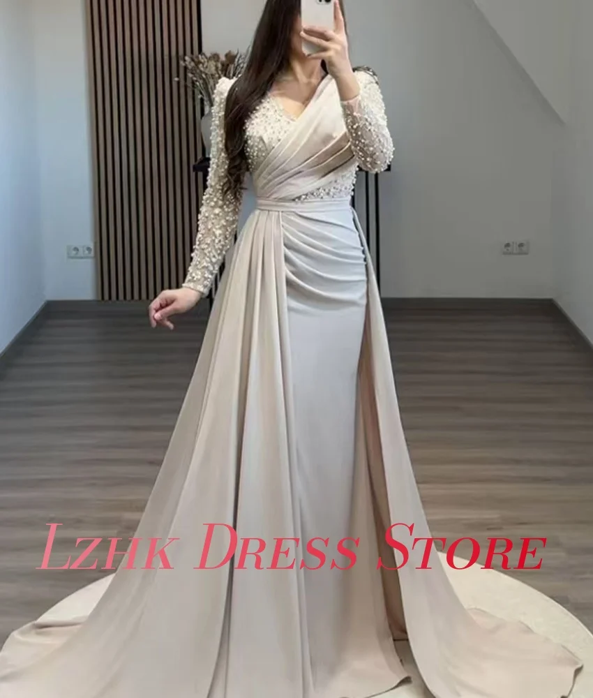 カスタマイズされた優雅なジャージービーズスパンコール A ラインイブニングドレス高品質長袖フロアレングス فساتين سهرات