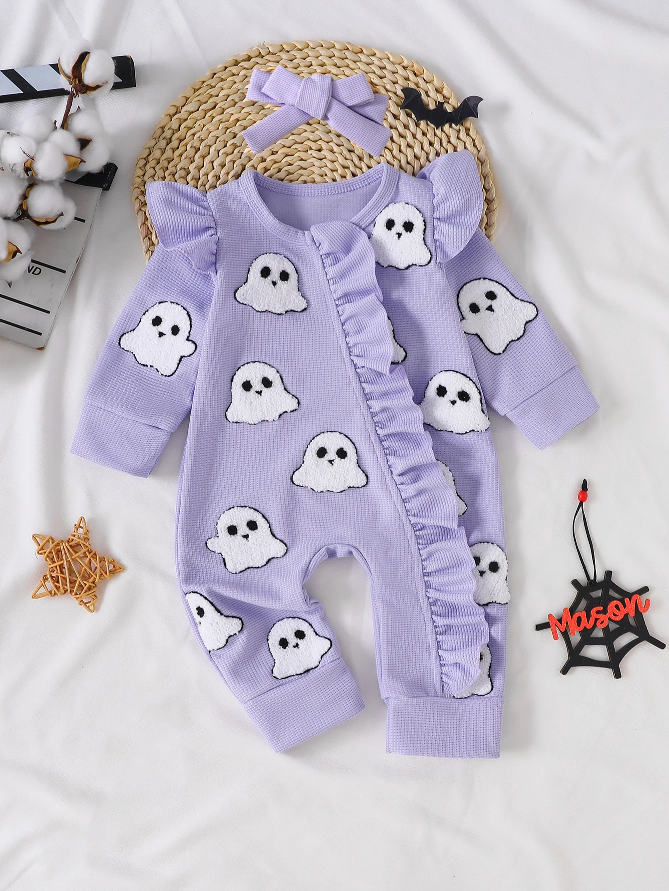 Baby Girls Halloween Ghost Zipper Jumpsuit, Waffle Ruffle Long Sleeve Footless Romper, Infant Fall Holiday Costume Outfit 0-18M