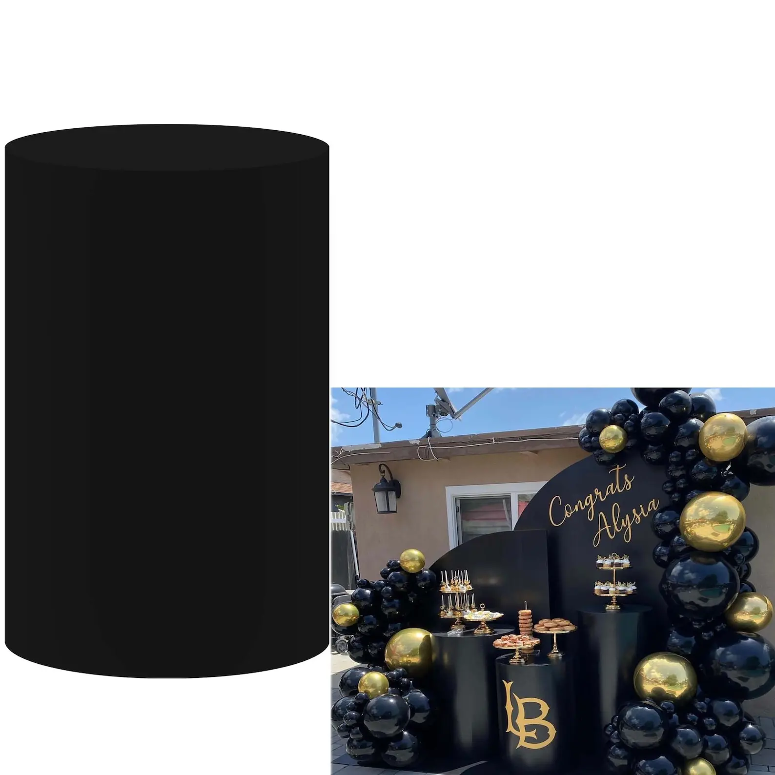 Cylinder Plinth Cover with Elastic Band Black Solid Color Pedestal Covers Baby Shower Birthday Balloon Party Cake Table Decor