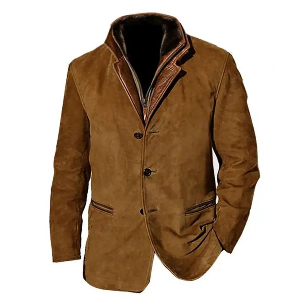 Chaqueta de invierno de retazos Retro de dos piezas con Bolsillos falsos, cárdigan de un solo pecho, manga larga, abrigo grueso de felpa de talla grande para hombre