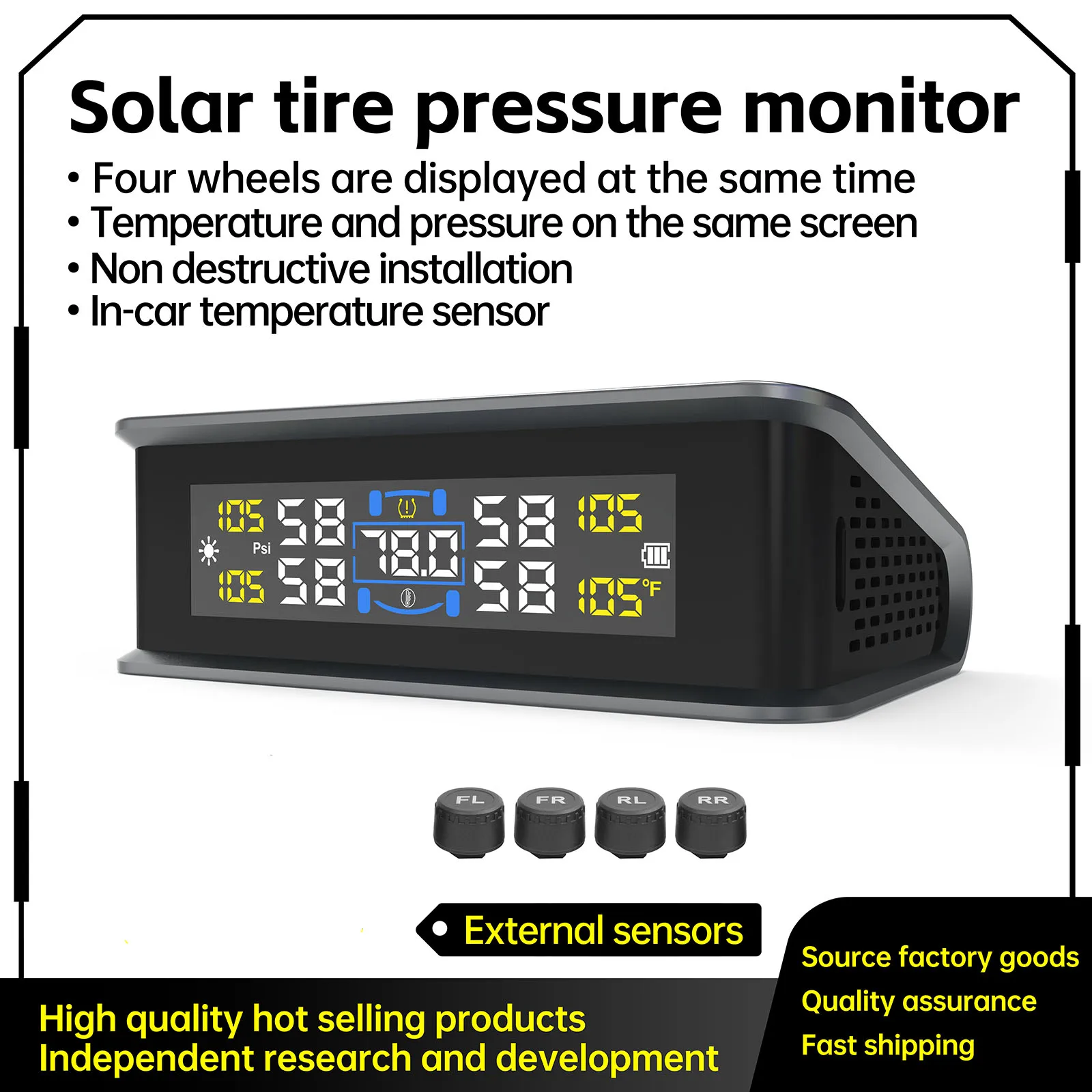 With Indoor Temperature Function Car 4-Wheel Solar Tire Pressure Monitoring System TPMS Digital LCD Display Solar/USB Powered