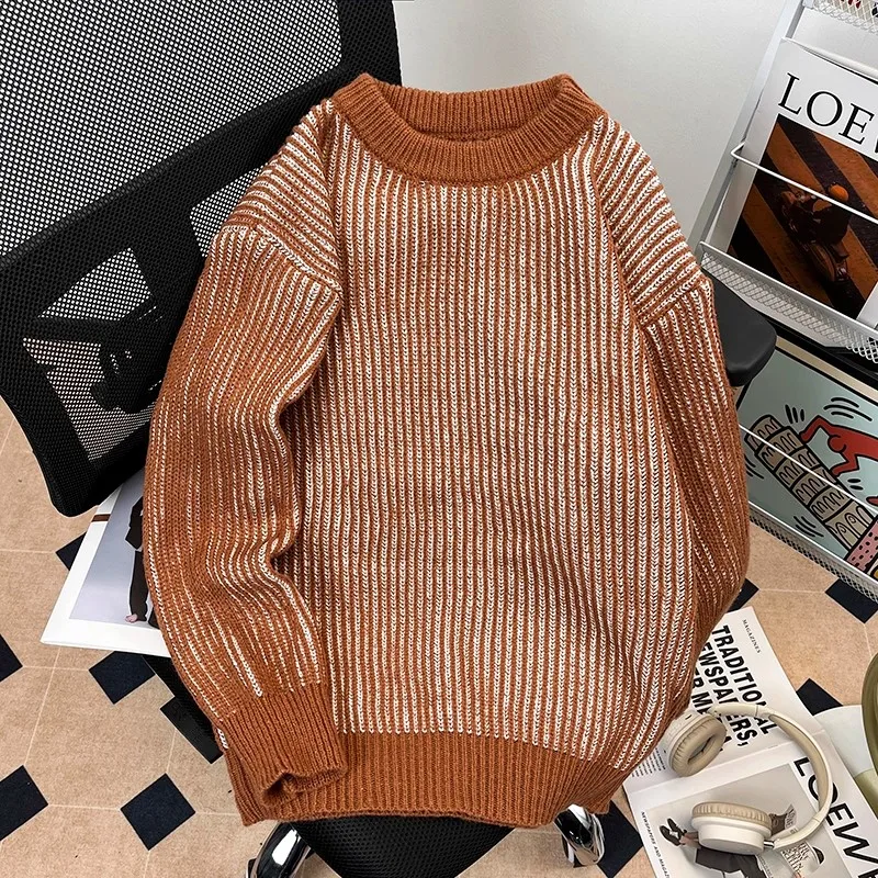 

Men's round Ne Knitted Sweater Thiened Deer Velvet Long Sve Autumn Winter Warm Casual Sle Striped Pattern Inner Wear