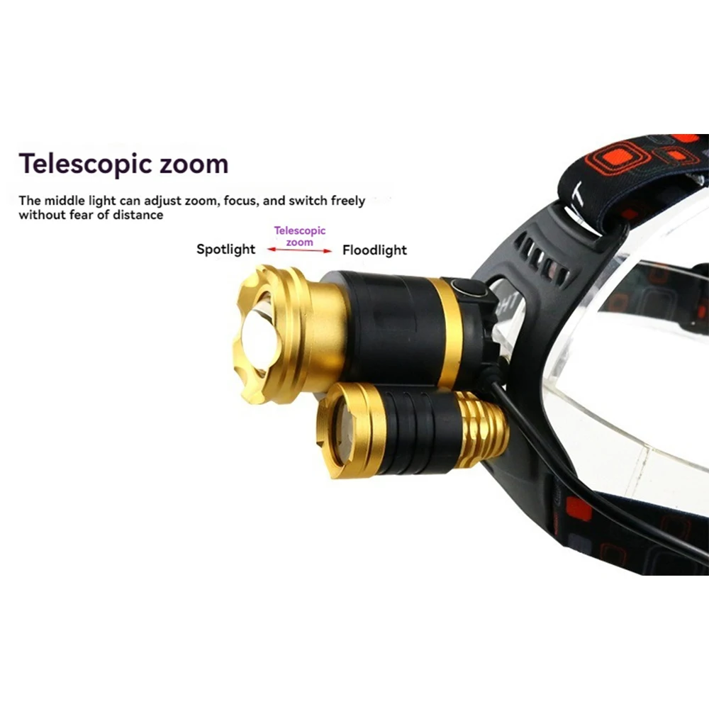 Powerful 3-head LED Headlamp White/UV Light Scorpion Head Lamp USB Rechargeable Strong Light Zoom Headlight Waterproof Outdoor