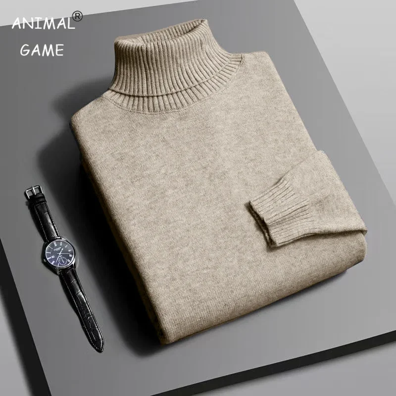 

Autumn men's high-quality knitted high neck sweater, tight fitting long sleeved anti pilling sweater, solid color trendy