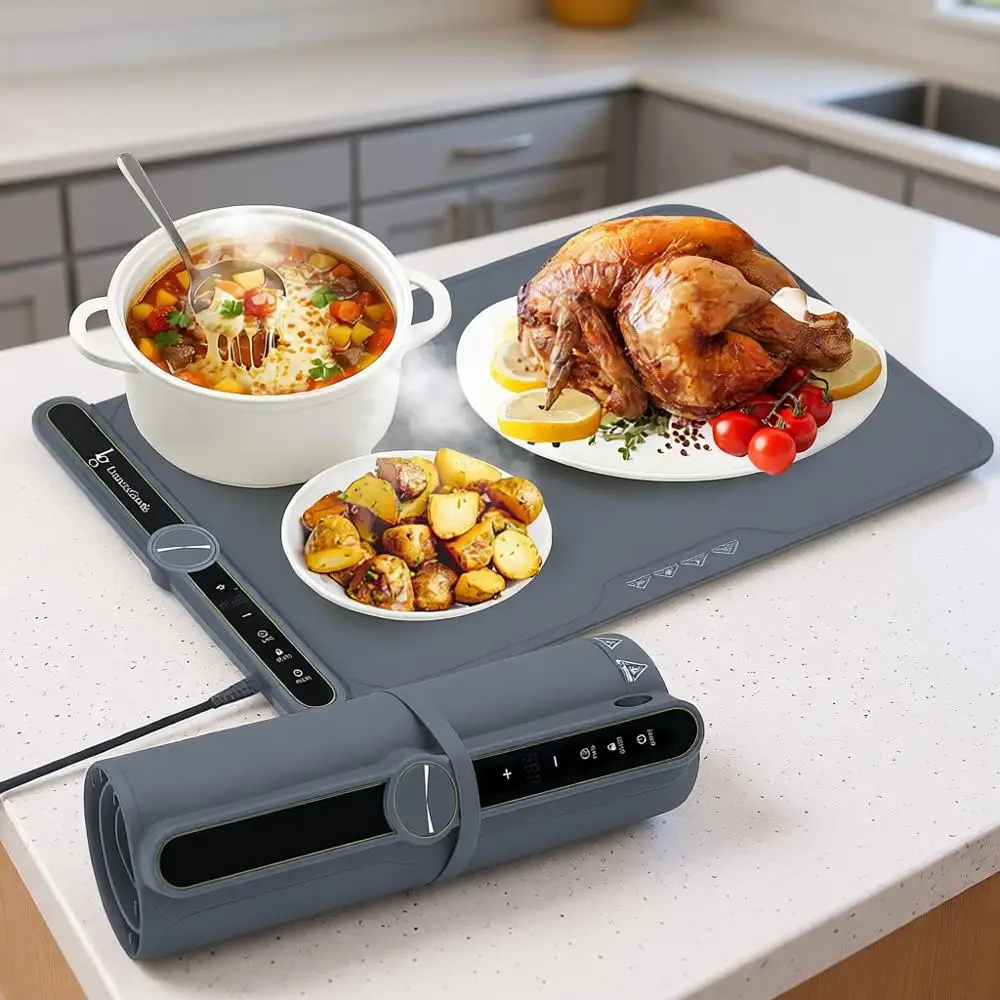 

9-Temperature Electric Warming Mat with Timer and Safety Lock, Silicone Roll-Up for Parties, Home, and Travel in Grey