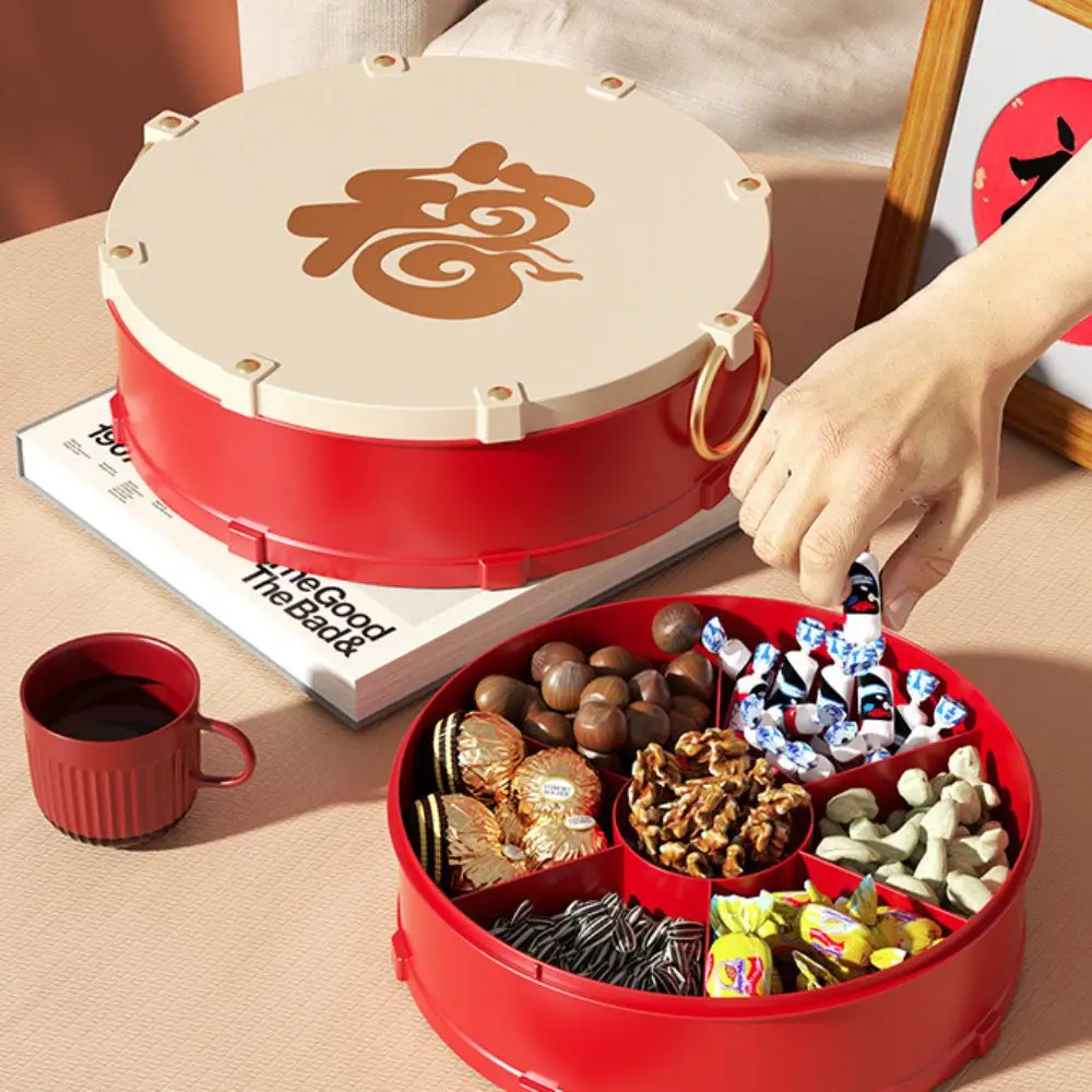 

7-Compartment Drum Shape Nut Serving Tray Dustproof Sealed Spring Festival Snack Serving Plate Chinese Style Round