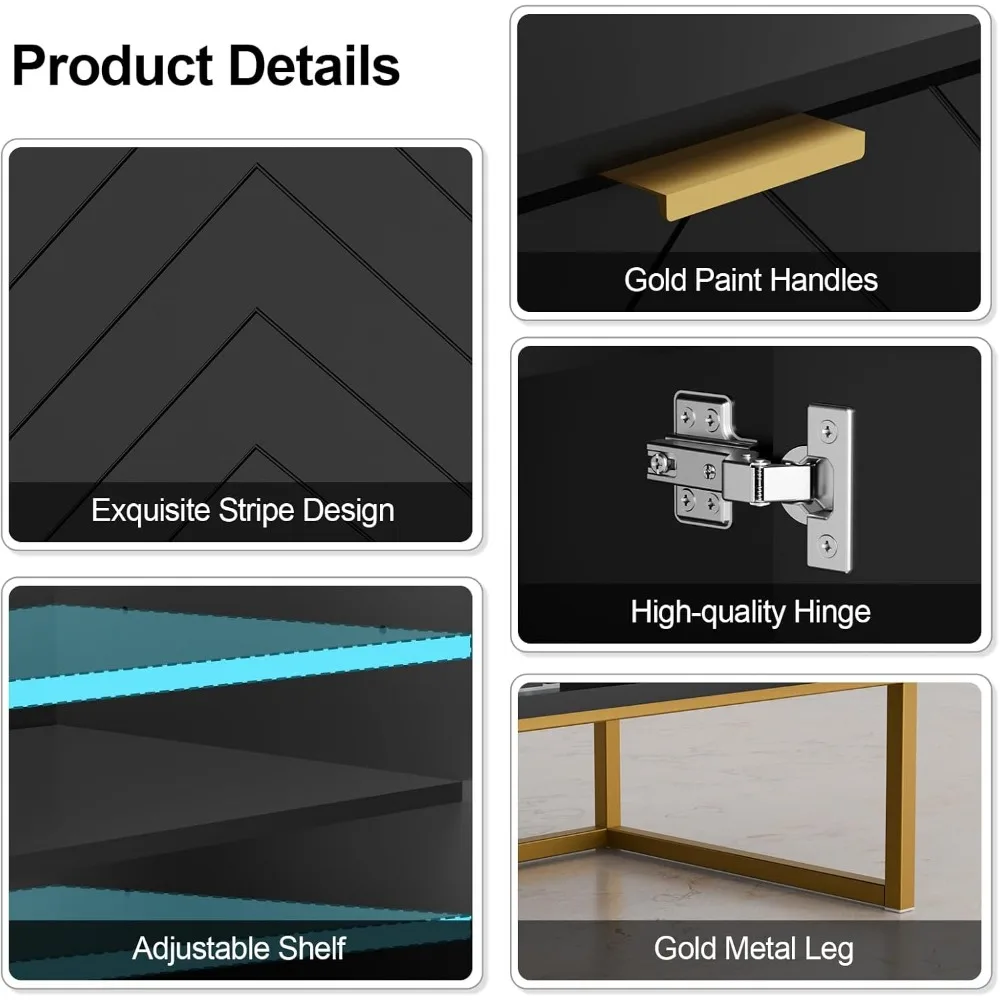 Large Black Sideboard with 6 Doors, Adjustable Shelf, and Golden Legs - Elegant Storage Buffet for Living Room