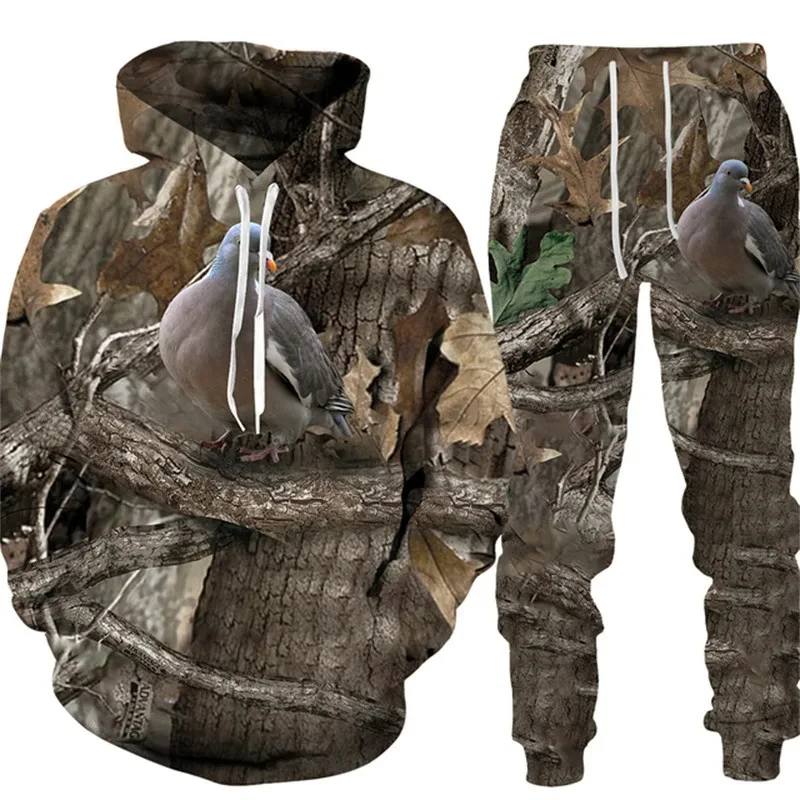 Hot Sale Camouflage Wild Boar Hunting Men\'s Hoodies Pants Set 3D Printed Animal Series Sportswear Two-piece Outdoor Sports Suit