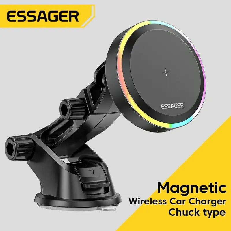 Essager RGB Magnetic Car Phone Holder Qi 15W Wireless Charger Car For iPhone 14 13 Pro Max Samsung Phone Holder Stand