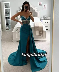 Turquoise Mermaid Corset Prom Dresses Long for Women 2025 V Neck Crystal Side Slit Satin Formal Evening Gowns Customized