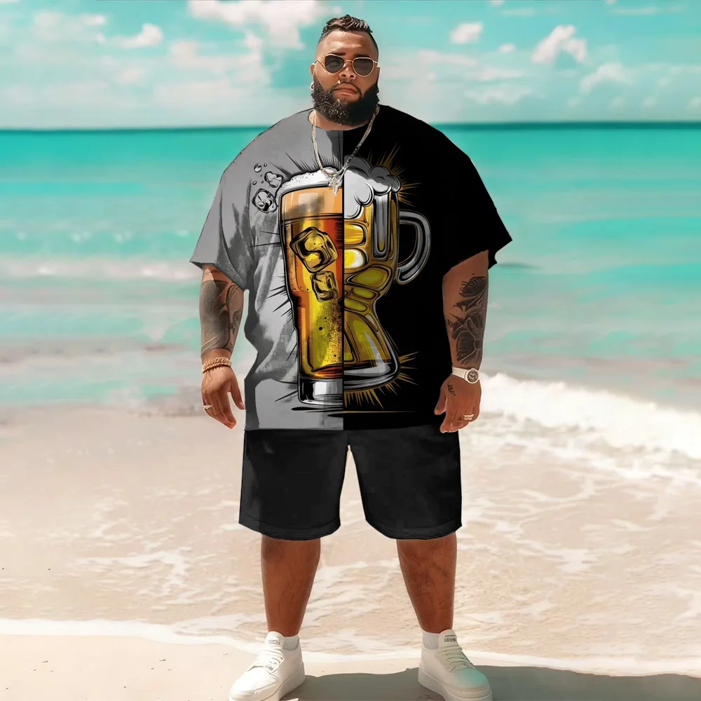 

Мужской комплект с короткими рукавами больших размеров S-9xl: Vibe в стиле пива — большая и высокая посадка из двух предметов, мягкая дышащая ткань, тонкие принты кружек,