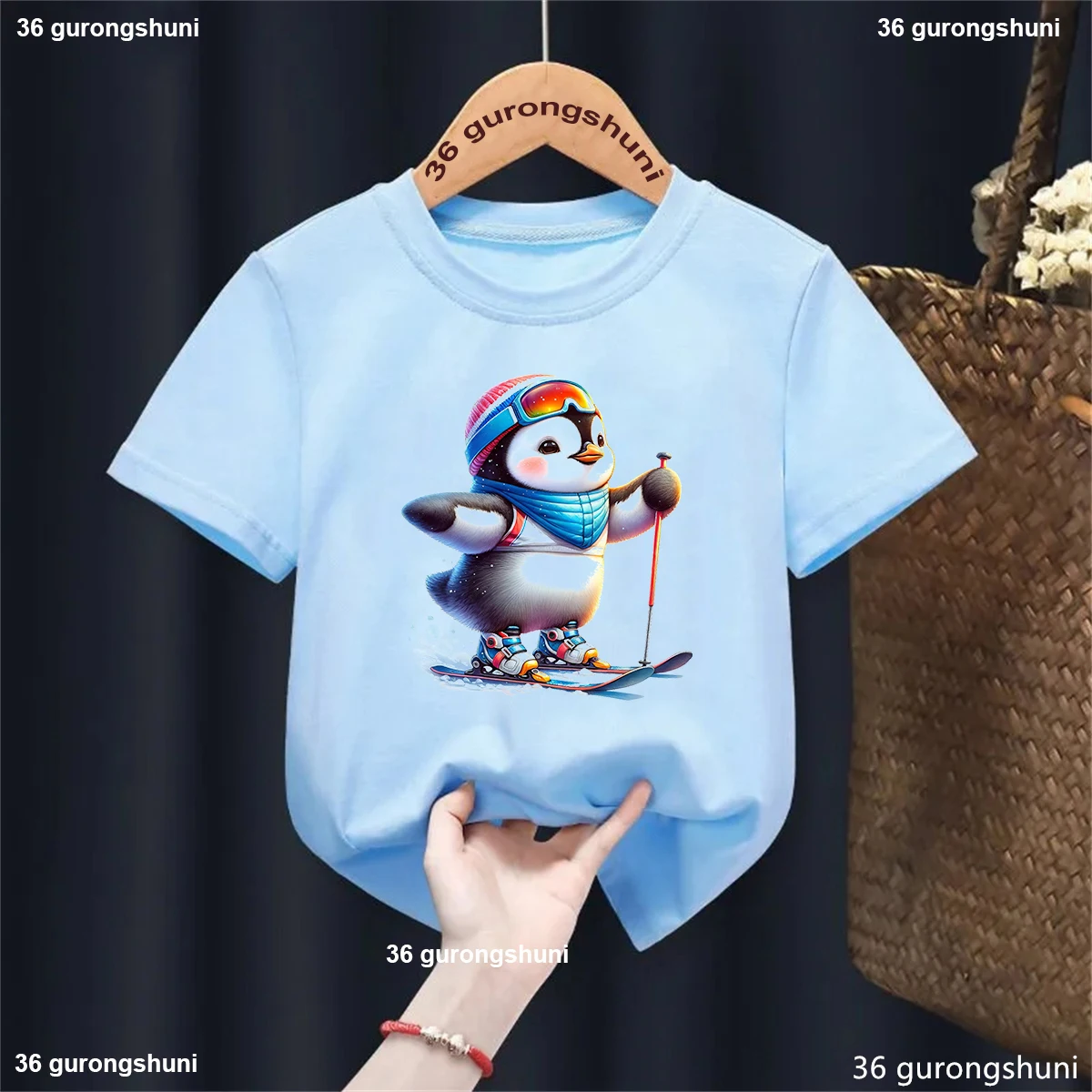 

Funny Skiing Penguin Animal Printed T Shirt Girls/Boys Chirstmas Gift Kids Clothes Harajuku Kawaii Solid T-Shirt Tops