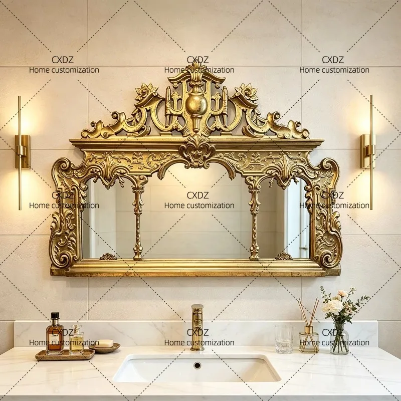 XX retro relief gold hanging mirror, porch decorative mirror, bathroom fireplace background wall art mirror