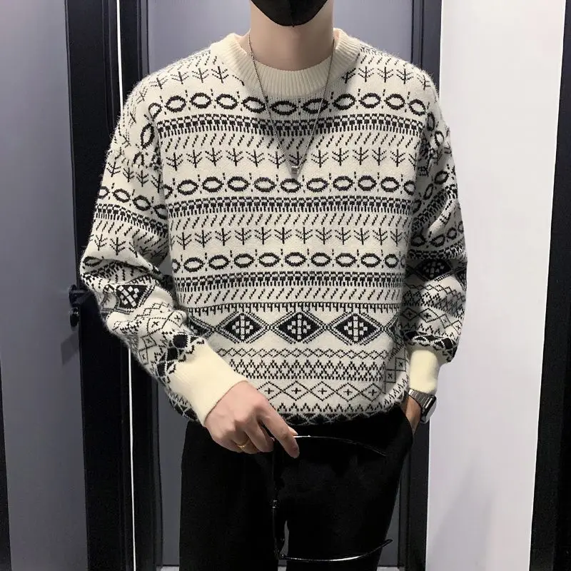 

Folk Jacquard Weave Pullovers Knitted 2024 Autumn Winter Vintage Fashion Spliced Men's Clothing Casual Loose Round Neck Sweaters