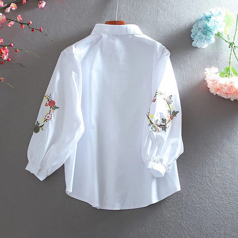 Three Quarter Blouse Women Spring Summer Korean Eembroidered Shirts Office Ladies Single Breasted Blouse White Blusa Femme Top