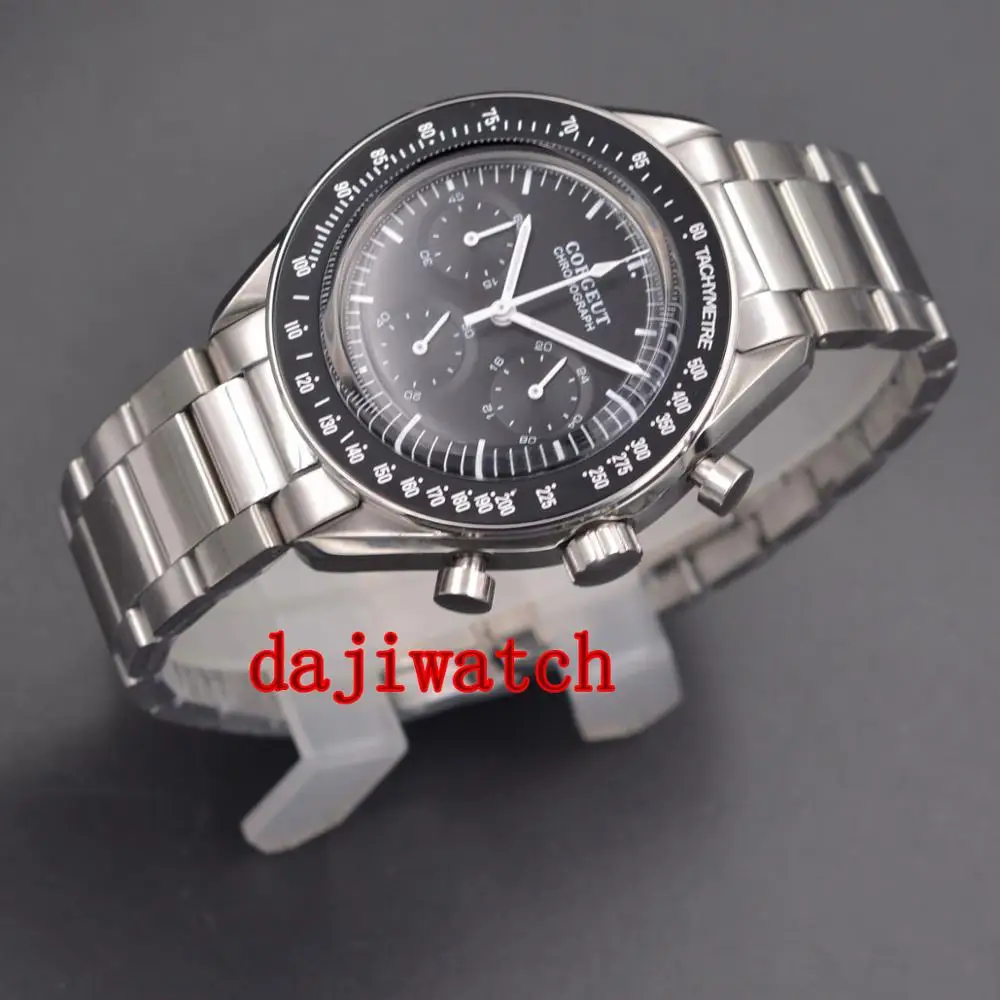 

40mm corgeut Multifunction Quartz movement Men's Watch Full Chronograph Stainless steel black dial steel bracelet men watch