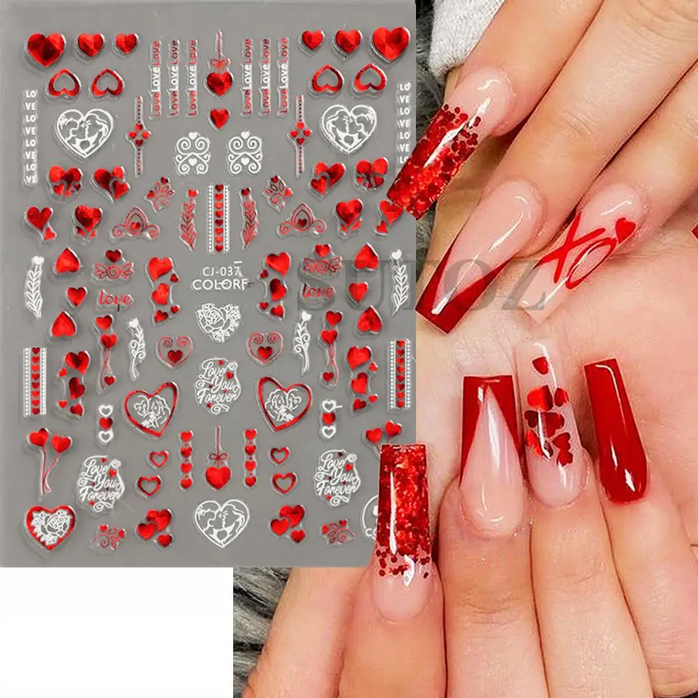 

1Pcs 3D Red Heart Nails Art Stickers Romantic Cartoon Lover Red Rose Kiss Bride Sliders Full Wrap On Nail Accessories