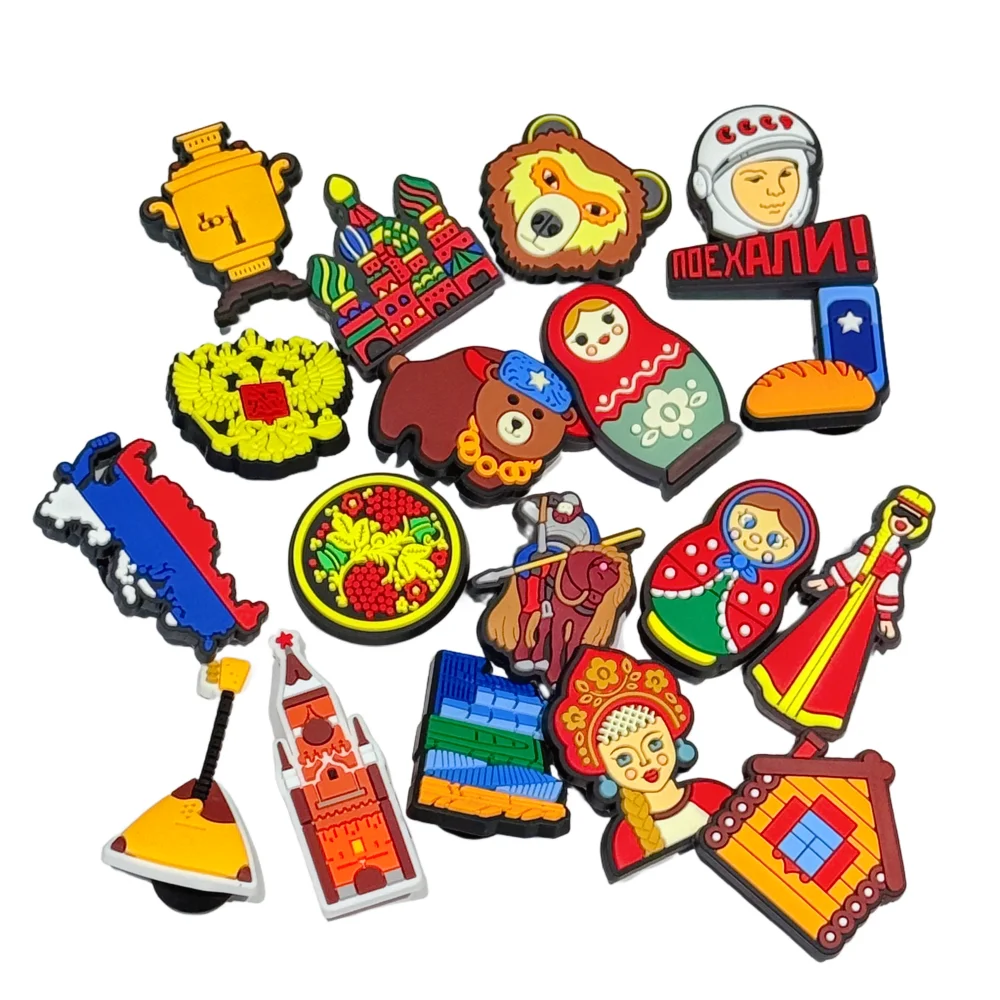 1-18pcs Russian Lion Astronaut Brown Bear Log Cabin Bread PVC Shoe Charms Clogs Pins Sandals Shoes Decoration Holiday Present