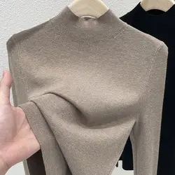 Autumn Winter Base Shirt with a Stylish Interior a Semi High Collar Women's Clothing Slim Fit Long Sleeved Mid Neck Design Tops